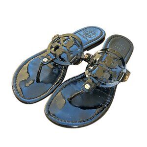 Tory Burch Miller Black Patent Leather Logo Thong Sandals Size 7 Women